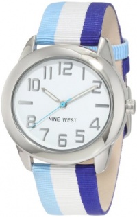 Nine West Women's NW/1289WTBL Round Silver-Tone Easy-to-Read Blue and White Strap Watch