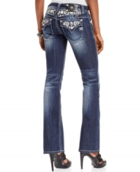 Southwest-inspired embroidery and rhinestones adds eye-catching appeal to these Miss Me bootcut jeans -- perfect for daytime glam!