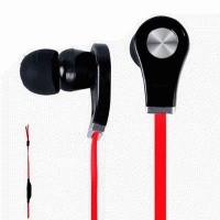 eVogue Super Bass Stereo Earbuds Headphones with Microphone, 2.5mm to 3.5mm Audio Adatptor, Tangle Free Flat Cable - Red/Black