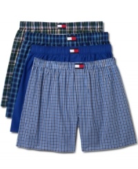 That essential element of preppie dressing, the all-cotton boxer short, offered here by Tommy Hilfiger in a four-pack wardrobe of blue-accented wovens.