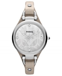 A thin leather strap holds a wintry case on this gorgeous Georgia collection watch by Fossil.