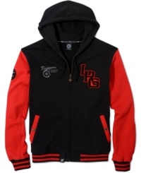 With the throwback look of a varsity jacket, this LRG hoodie scores sporty style in your casual wardrobe.