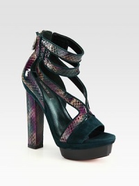 Lifted by a towering heel and island platform, this multicolored snakeskin gladiator has contrasting suede trim and an exposed back zipper. Self-covered heel, 5½ (140mm)Island platform, 1½ (40mm)Compares to a 4 heel (100mm)Snakeskin and suede upperBack zipperLeather lining and solePadded insoleImported