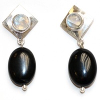 New Retro Style Rainbow Moonstone & Black Onyx Silver Earrings