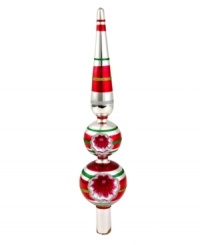 Make your tree a reflection of your cool vintage style with Christopher Radko's Shiny Brite finial. Ball ornaments stacked with a long teardrop shape put your holiday decor over the top. Featuring stripes of mirrored silver, red and shimmering green.