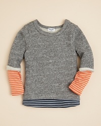 Splendid Little's marled sweatshirt features raw edges and striped sleeved and hem insets for a sporty rag-tag look.