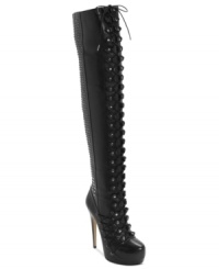 Do you dare? Take your look to new heights with Truth or Dare by Madonna's Cardella platform lace-up boots. With lace-up shaft and vamp plus stud detail on back.