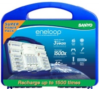 eneloop NEW Super Power Pack, 2000mAh Typical, 1900mAh Minimum, 1500 cycle, 12AA, 4AAA, 2 C and 2 D Spacers, 4 Position Charger, and Storage Case