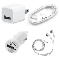 Car Charger Bundle USB Data Cable +Wall Charger+ Earphone for Apple iPhone 4 4S 3 3GS, iPod, Touch, Nano - 4 in 1