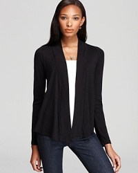 Long sleeve cardigan with front yoke seaming detail and open front styling.