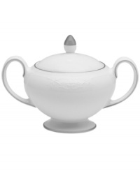 Like traditional embroidery, the Wedgwood English Lace sugar bowl is meticulously crafted with delicate florals, all embossed in fine bone china that's remarkably dishwasher safe. With platinum banding.