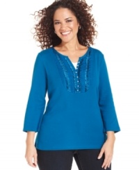 Ruffle up your casual look with Karen Scott's three-quarter-sleeve plus size henley top!