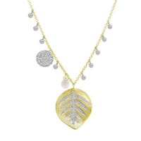 Meira T 14K Gold Pave Set Diamond Leaf Charm accented by Bezel Set Diamonds Diamond Disc and Topaz Briolette Necklace