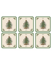 Bring Spode's iconic holiday pattern to your table in a whole new way with heat-resistant Christmas Tree drink coasters.