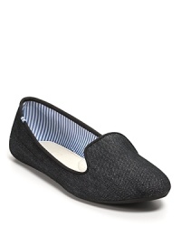 Denim adds casual-chic style to these sleek smoking flats. By Charles Philip.