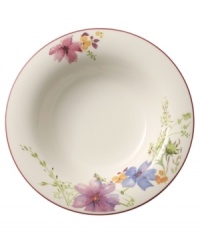 Prolong spring with the lively Mariefleur rim soup bowl. Splashy colors adorn premium white porcelain edged in red and designed for everyday dining. Mix and match with New Cottage dinnerware, also by Villeroy & Boch.