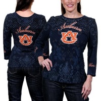 NCAA Auburn Tigers Women's Allover Three Quarter Sleeve Rhinestone T-Shirt - Navy Blue