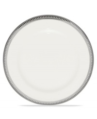 A lacy platinum pattern and bands make this bread and butter plate shine in any setting. From Noritake dinnerware, the dishes of this set are glazed white porcelain.