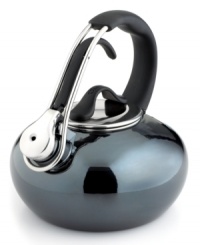 This innovative tea kettle throws you for a loop with its polished enamel coating that brings a little excitement and color to your kitchen. With a sweeping handle that arcs high above its body, this kettle knows the importance of high design and total functionality. The clever bell-shaped design helps induce heat for faster boiling. Limited warranty.