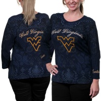 NCAA West Virginia Mountaineers Womens Allover Three Quarter Sleeve Rhinestone T-Shirt - Navy Blue