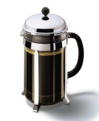 The coffee press has long been recognized as one of the best ways to brew coffee for that rich, aromatic flavor. This classic design makes 2 to 12 cups of coffee in just 4 minutes. Patented safety lid, stainless steel filter system and glass beaker. Stay cool handle and top knob. Holds 51-oz.; measures 9-1/2¿ H x 7¿ W (including handle) x 4-3/4 D. Two year limited warranty.