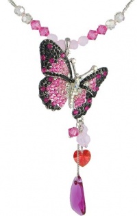 Wing Drop Butterfly Swarovski Elements Crystal Necklace W. 18k White Gold Plated Long Chain (Rose Pink)