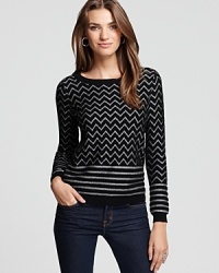 A metallic zig zag chevron enriches this Joie sweater with subtle sparkle and texture in a soft wool blend.