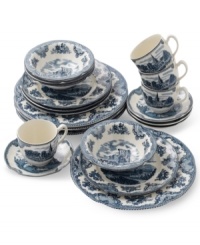 Fit for a king, the Old Britain Blue dinnerware set stirs up images of the old world with elaborate landscapes in ivory earthenware. Gently scalloped edges and lavish floral trim add to its regal sensibility.