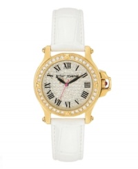 You were made for the spotlight. Let it be known with this glittering watch by Betsey Johnson. White croc-embossed leather strap and round gold tone stainless steel case. Bezel embellished with crystal accents. Crystal pave dial features black Roman numerals, black hour and minute hands, signature fuchsia second hand and logo. Quartz movement. Water resistant to 30 meters. Two-year limited warranty.