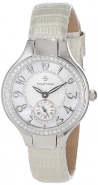 Philip Stein Women's 44D-FMOP-ZMW Round Diamond Mother-Of-Pearl White Metallic Lizard Strap Watch