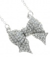 Boutique Quality Silver Rhodium Plated Ribbon 1 Ribbon Bow Necklace with Clear Embellished Crystals