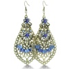 Antique Finish Gold Tone Blue Flower Dangle Drop Earrings, 3 Inches