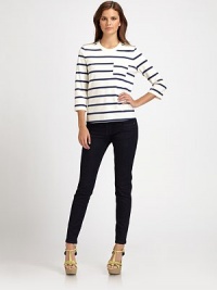 Bold stripes and a contrast chest pocket make this laid-back layer both casual and chic.Crew neck with zip shouldersThree-quarter sleevesAllover stripesAbout 21½ from shoulder to hem67% viscose/28% nylon/5% elastaneMachine washImported Model shown is 5'10 (177cm) wearing US size Small.