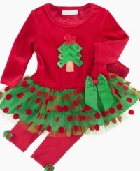 Bonnie Baby captures the Christmas spirit in this jolly and charming tutu dress with leggings. She'll be the cutest  Santa's little helper.