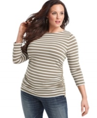 Zip up an on-trend look with MICHAEL Michael Kors' three-quarter sleeve plus size top, showcasing a striped pattern.