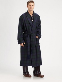 Start and end your day by lounging in this soothing, soft shawl collar robe woven in plaid-printed wool.Shawl collarTie beltChest, waist patch pocketsAbout 53 from shoulder to hemWoolDry cleanImported