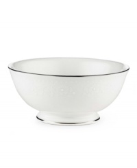 Beautiful and bridal-inspired, this white fruit bowl is richly textured with a delicate floral motif and raised, beaded accents. Finished with a band of polished platinum.