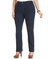 Snag sleek casual style with Jones New York Signature's plus size straight leg jeans, finished by a dark wash.