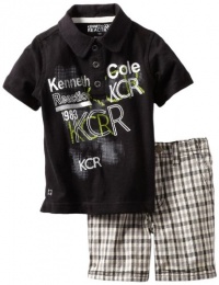 Kenneth Cole Baby-boys Infant Polo Shirt with Plaided Shorts, Black, 24 Months