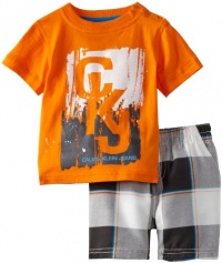 Calvin Klein Baby-boys Infant Tee with Plaided Shorts, Orange, 24 Months