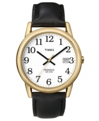 Rely on standby style. This Timex watch features a black leather strap and round goldtone mixed metal case. White dial with logo, date window and black numerals. Analog movement. Water resistant to 30 meters. One-year limited warranty.