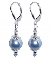 SCER033 Sterling Silver Leverback 1.5 Drop Earrings Made with Swarovski Elements Blue Faux Pearl and Crystal