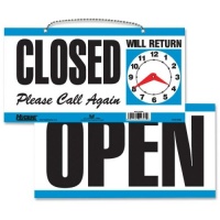 U.S. Stamp & Sign 9395 Open/Close Sign,w/ Please Call Again,11-1/2 in.x6 in.,White/Blue