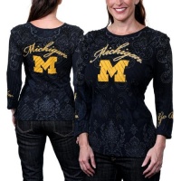 NCAA Michigan Wolverines Womens Allover Three Quarter Sleeve Rhinestone T-Shirt - Navy Blue (Small)