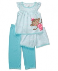 Carters Baby Girls 3 Piece Blue Monkey Pajama Set, 24M