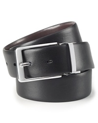 One belt, two looks: this leather belt reverses from textured black to smooth brown to easily coordinate with your clothes.