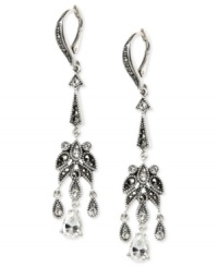 Embrace elegance. Judith Jack's linear earrings are crafted from sterling silver with cubic zirconias (2-3/5 ct. t.w.), marcasite (1/2 ct. t.w.) and white crystals (21/100 ct. t.w.) enhancing the stunning look. Approximate drop: 2-1/4 inches.