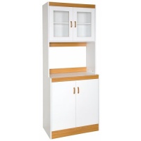 Home Source Industries 153BRD Tall Kitchen Cabinet with Solid-Door below Shelf and Glass Doors, White with Light Wood Trim