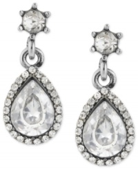 Timeless appeal. Betsey Johnson blends the contemporary with a classic look in this pair of teardrop earrings. Crafted from silver-tone mixed metal, the pair dazzles with glass crystal pave accents. Approximate drop: 1 inch.