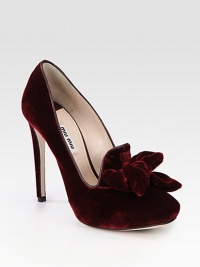 A large bow tops this towering square toe silhouette of lush velvet for a feminine look. Self-covered heel, 4½ (115mm)Hidden platform, ¾ (20mm)Compares to a 3¾ heel (95mm)Velvet upperSquare toeLeather lining and solePadded insoleMade in Italy